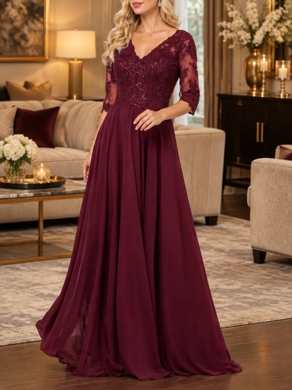 NEW LONG FORMAL WINE MOTHER OF THE BRIDE GROOM DRESS WITH SLEEVES.EVENING PARTY